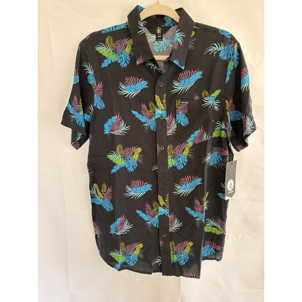 Volcom Shirt Mens Medium- Black W. Blue Feather Leaves Short Sleeve Button Up